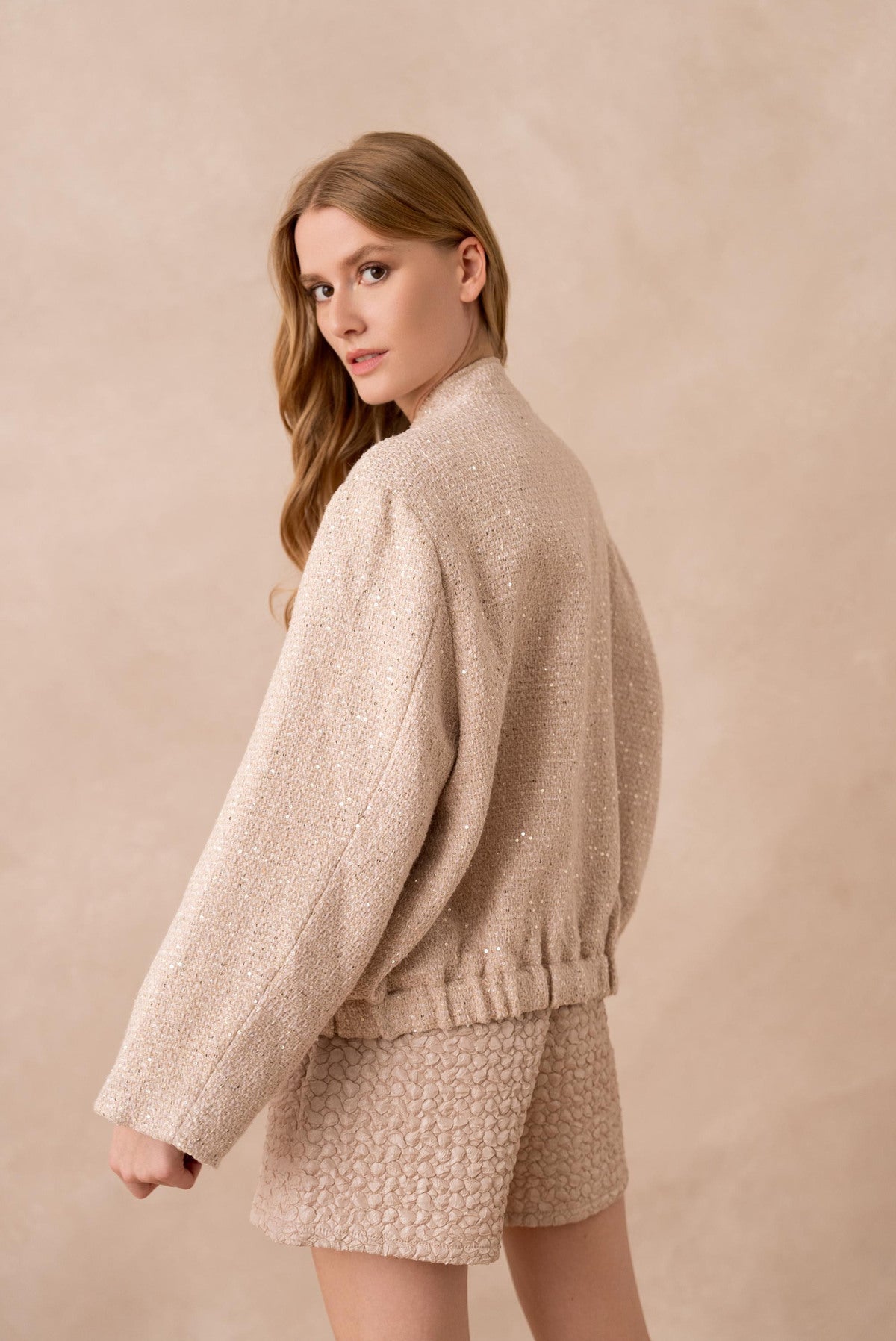 Clara nude sequin tweed bomber jacket