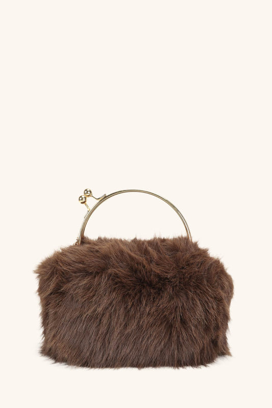 Chocolate brown faux fur gold handle clutch bag