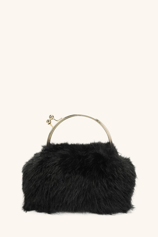 Black faux fur gold handle clutch bag