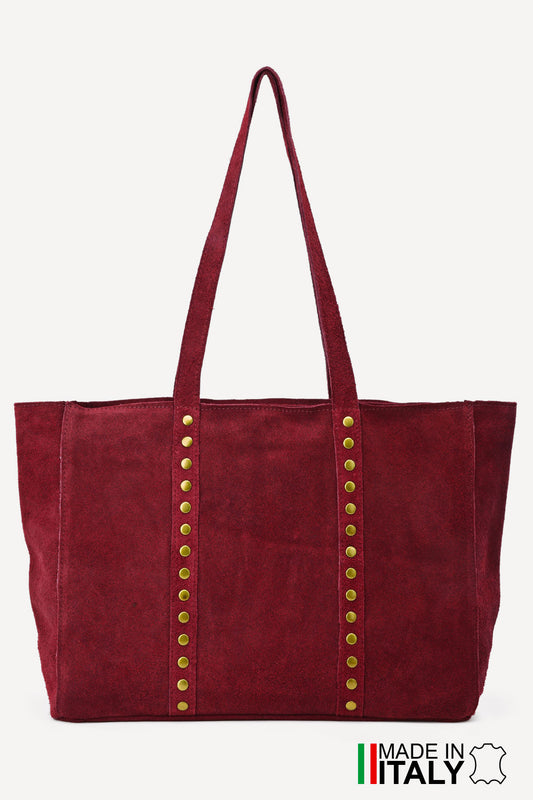 Burgundy real suede studded shopper handbag
