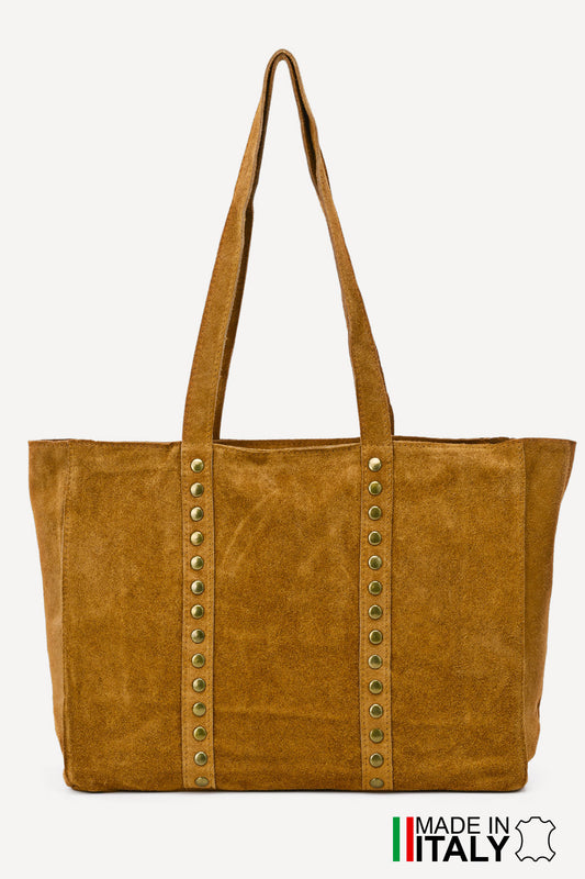 Camel real suede studded shopper handbag