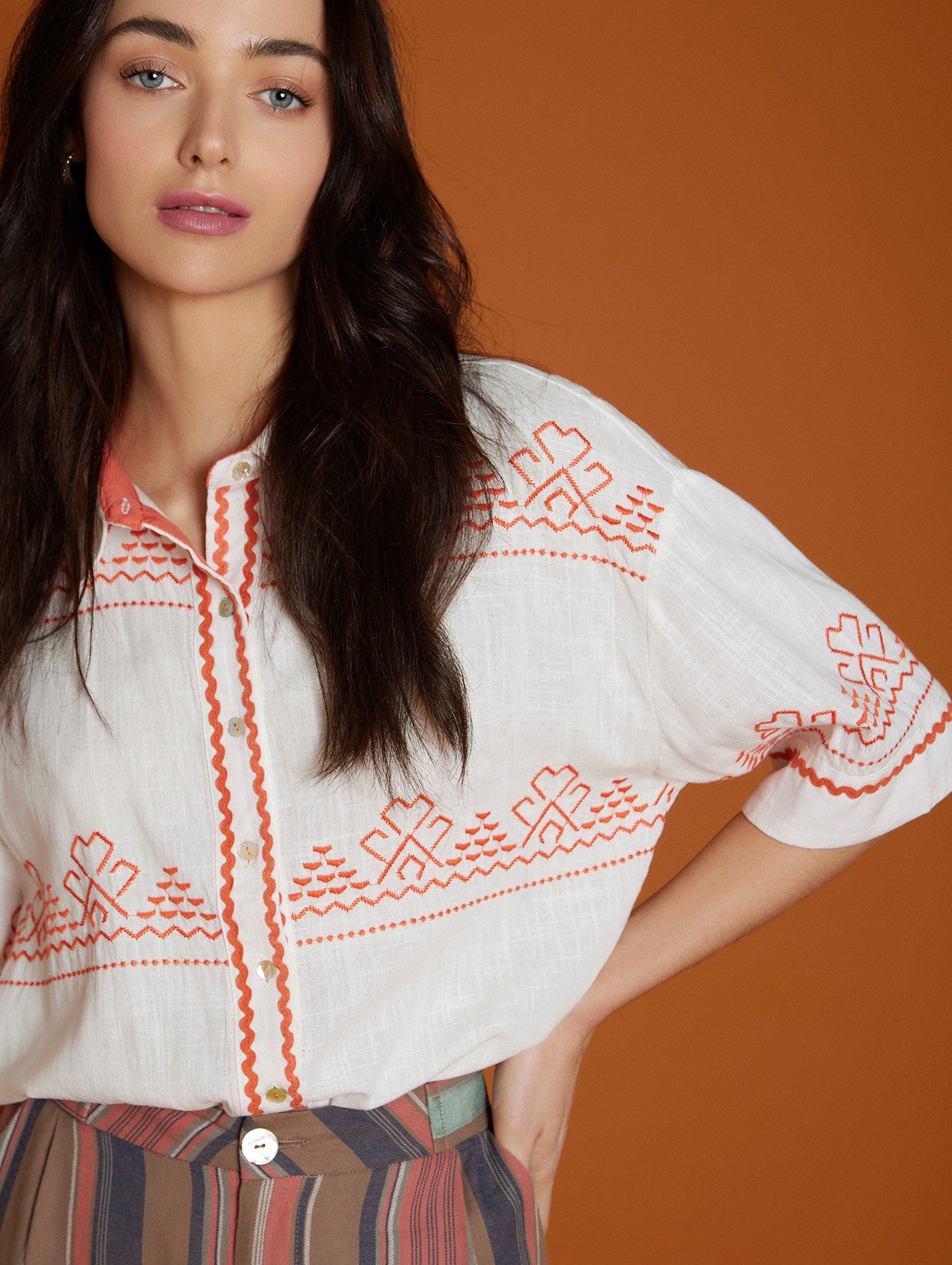 Embroidered short-sleeved blouse